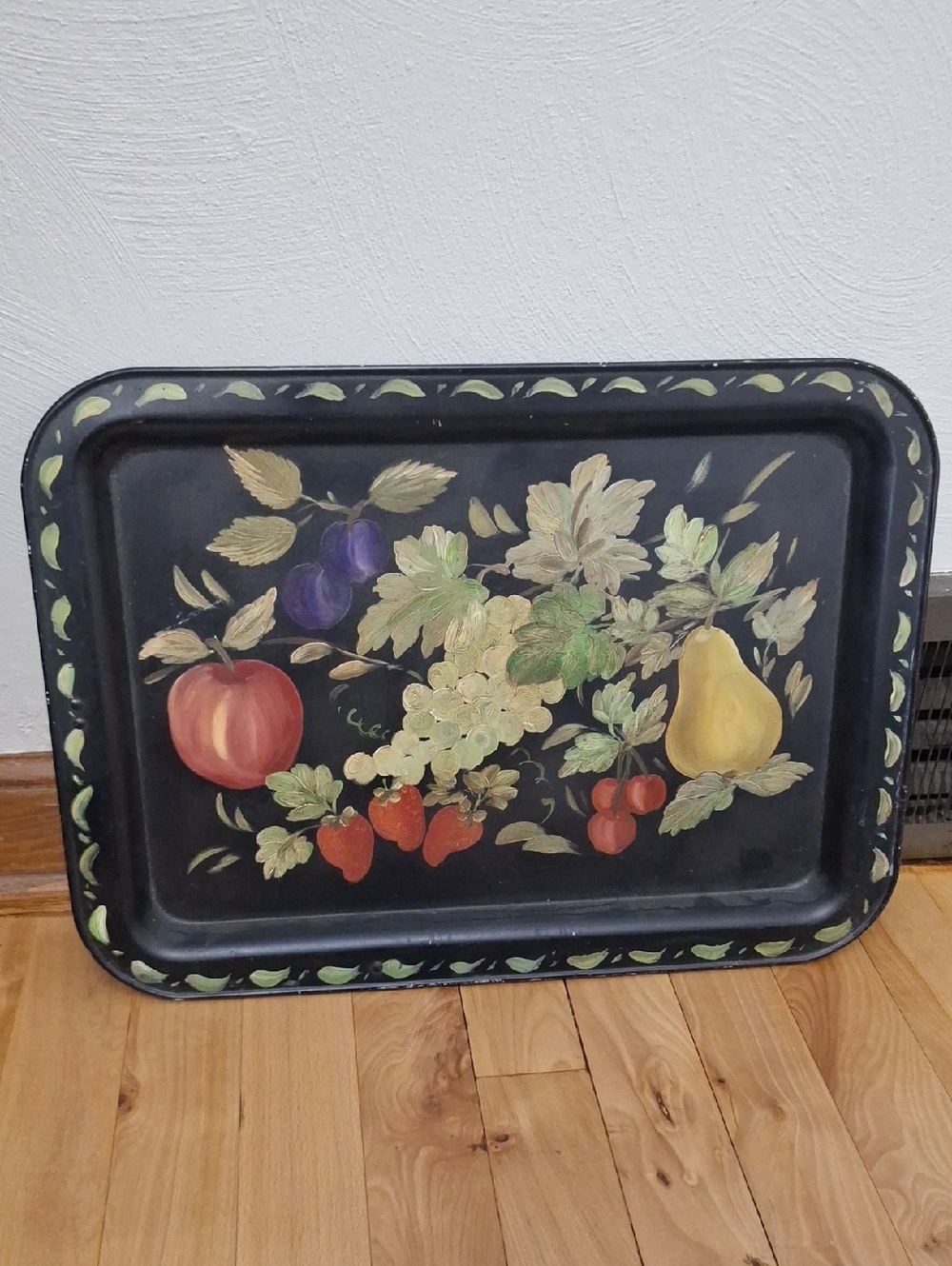Decorative Black Fruit Serving Tray with Hand-Painted Fruit Motif